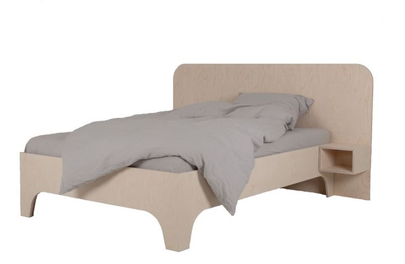 VALENTINA Bett aus hellem Holz mit grauem Bettbezug und integriertem Nachttisch für Schlafzimmer.